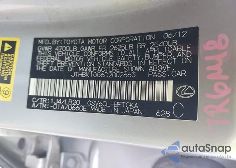 2013 Lexus Es 350 z USA, uszkodzony, nr VIN JTHBK1GG6D2002663